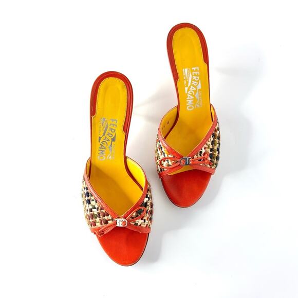 Vintage Salvatore Ferragamo Tweed Raffia Bow Slip On Kitten Heel Mules 6.5 - Picture 2 of 6